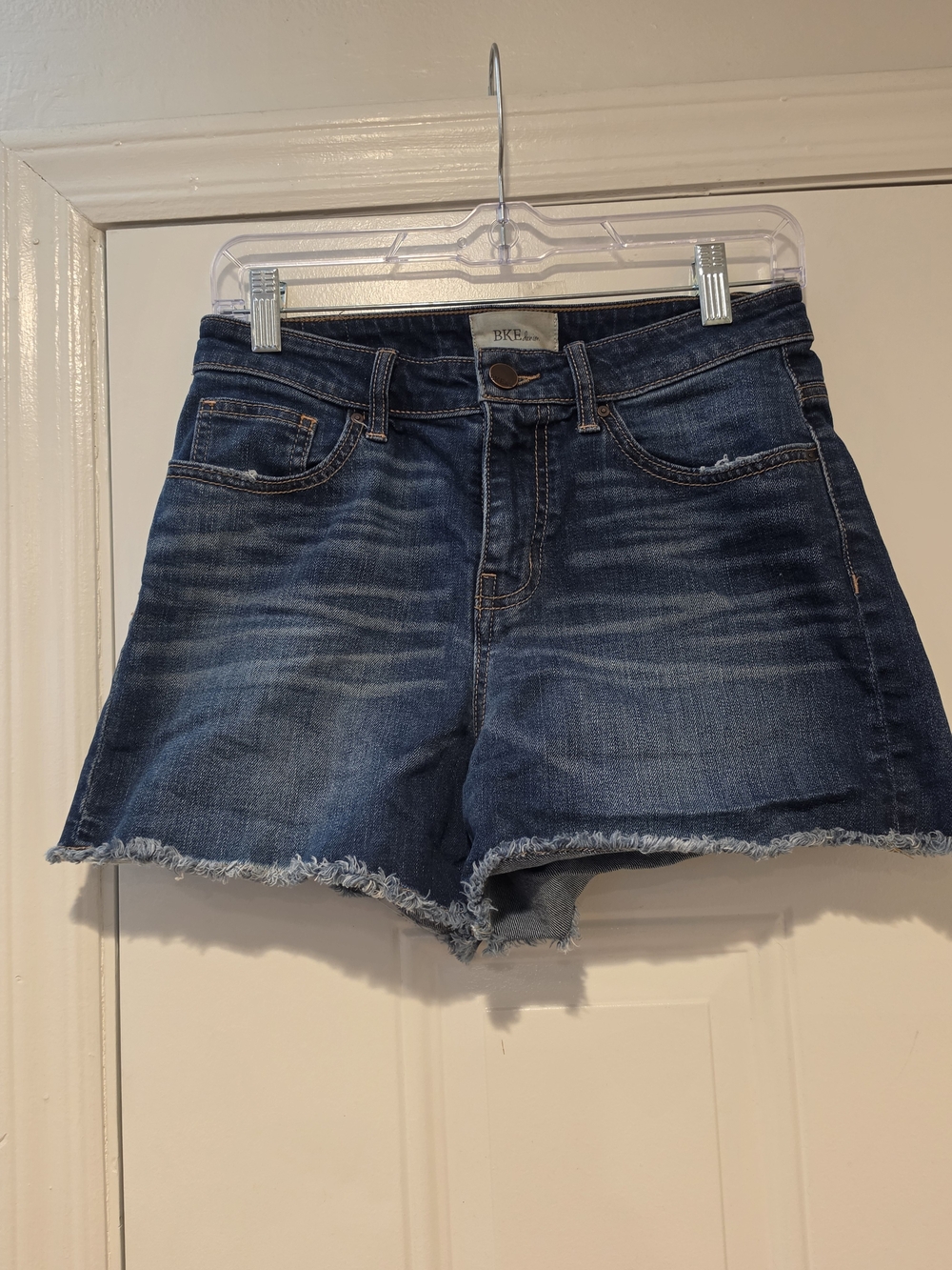 BKE Women's Medium Blue Frayed Hem Denim Shorts